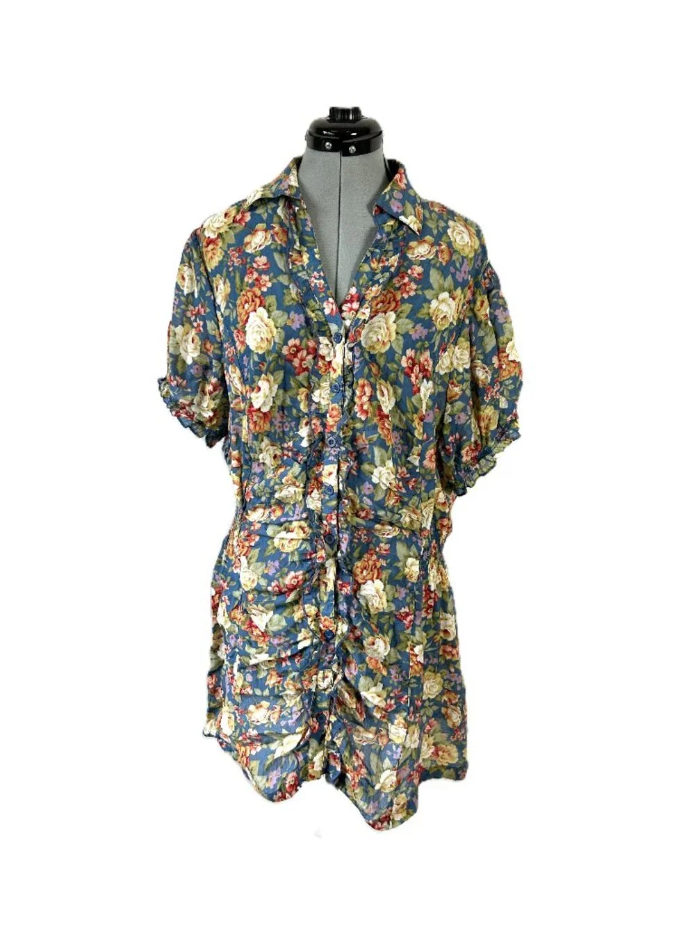 Ruched Floral Button Up Shirt Dress 3X Short - Picture 1 of 5